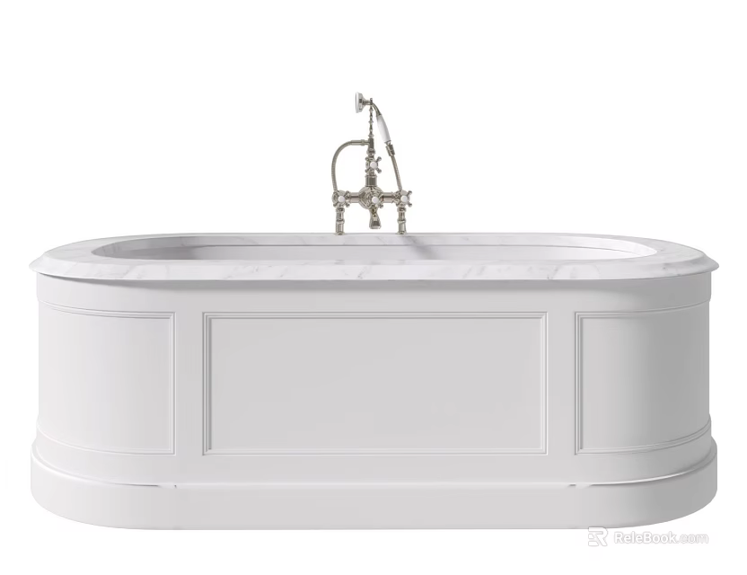 Freestanding White Bathtub with Elegant Metal Faucet and Smooth Marble Top Design 3d model 