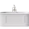 Freestanding White Bathtub with Elegant Metal Faucet and Smooth Marble Top Design