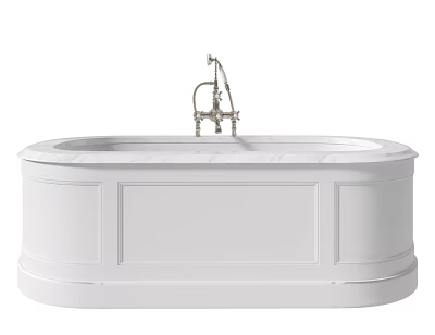 Freestanding White Bathtub with Elegant Metal Faucet and Smooth Marble Top Design 3d model