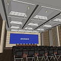 Spacious Modern Conference Room With Blue Screen Wooden Walls And Neatly Arranged Tables Chairs