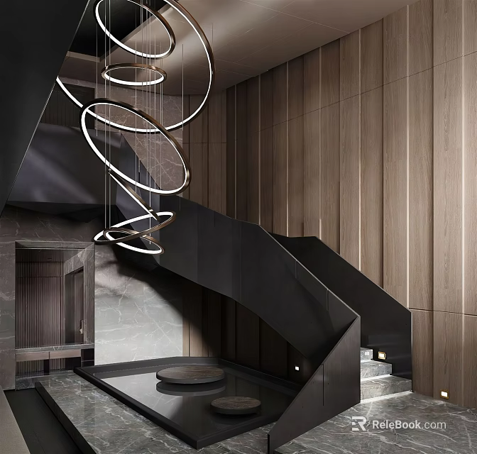 Modern Black Staircase Design With Wooden Walls And Circular Pendant Lights 3d model 