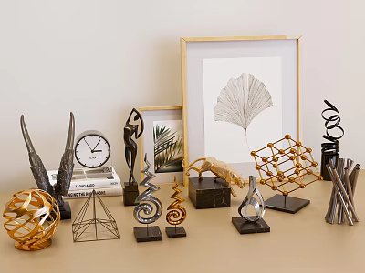 Modern Decorative Ornament Set with Metal Geometric Sculptures Framed Ginkgo Leaf Art and Clock 3d model