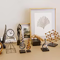 Modern Decorative Ornament Set with Metal Geometric Sculptures Framed Ginkgo Leaf Art and Clock