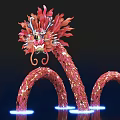 Red Dragon Shaped Art Installation with Curved Body and Illuminated Base against Dark Background
