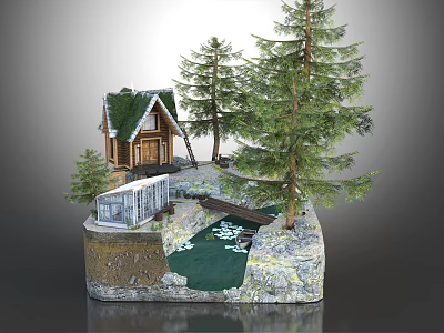 Cartoon Scene of Cozy Forest Cabin with Green Roof Pine Trees Wooden Bridge and Pond 3d model
