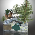 Cartoon Scene of Cozy Forest Cabin with Green Roof Pine Trees Wooden Bridge and Pond