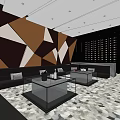 KTV Interior With Brown White Geometric Pattern Wall Black Sofas Glass Coffee Tables Ceiling Lights 3d model