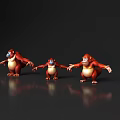Three Red Reptile Models In Different Poses On Black Reflective Surface 3d model
