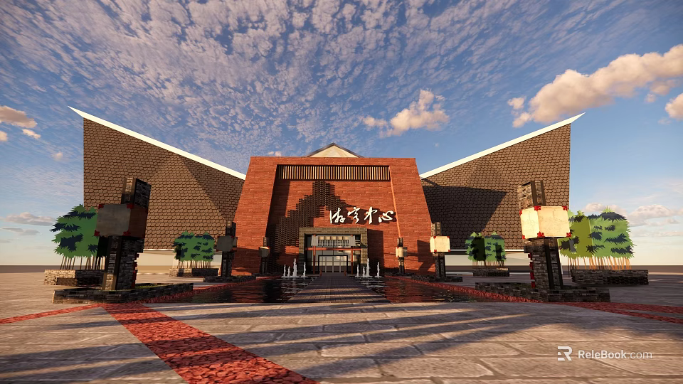 Traditional Chinese Visitor Center With Brick Roof Lanterns And Stone Path 3d model 