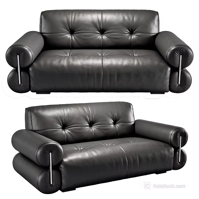 Modern Black Leather Two Seater Sofa With Tufted Design And Metal Armrests 3d model 