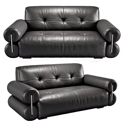Modern Black Leather Two Seater Sofa With Tufted Design And Metal Armrests 3d model