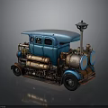 Steampunk Style Blue And Copper Vintage Car Model With Steam Pipes And Retro Design