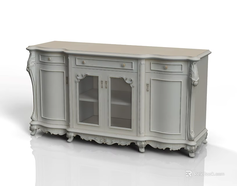 Elegant Classic Console Sideboard Cabinet With Glass Doors Drawers And Carved Ornate Legs 3d model 
