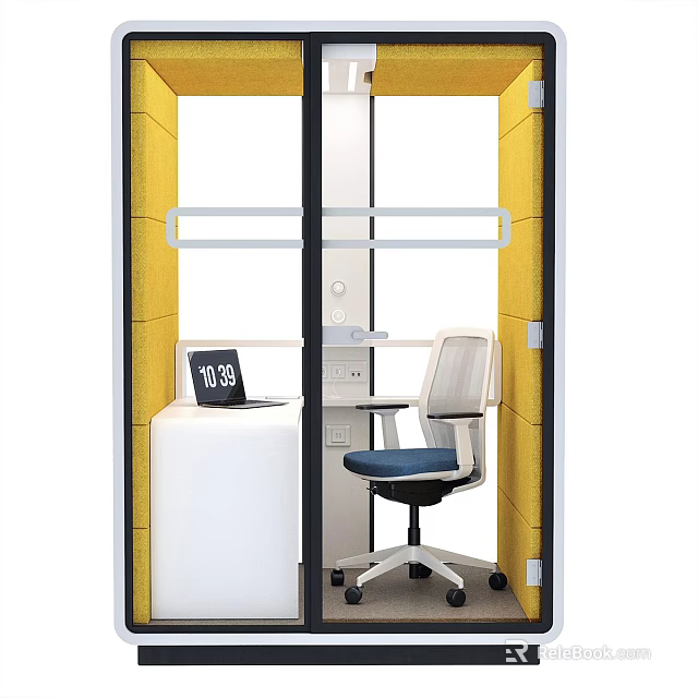 Yellow Partition Office Workspace With White Desk And Blue Cushion Chair 3d model 