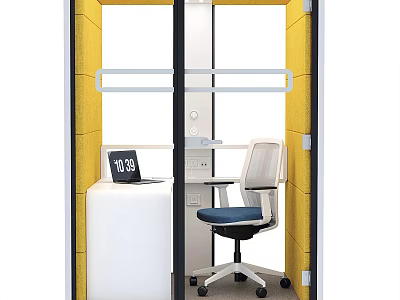 Yellow Partition Office Workspace With White Desk And Blue Cushion Chair 3d model