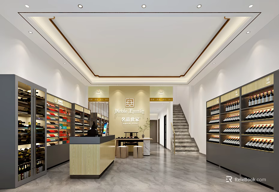 Spacious Tobacco And Alcohol Store Interior With Wine Shelves Counter And Staircase 3d model 