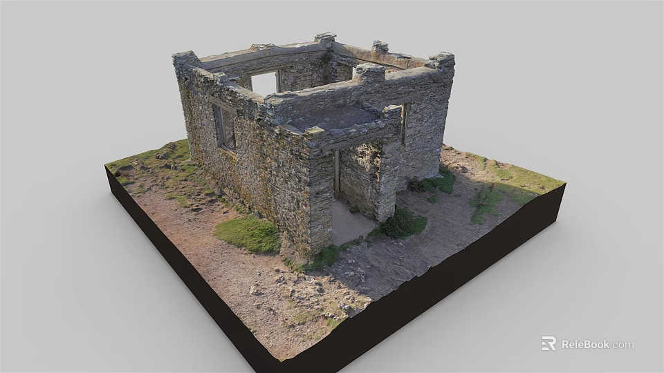 Ancient Stone Ruin Building Model On Black Square Base With Grass And Dirt 3d model 