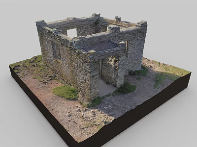 Ancient Stone Ruin Building Model On Black Square Base With Grass And Dirt 3d model