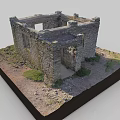 Ancient Stone Ruin Building Model On Black Square Base With Grass And Dirt
