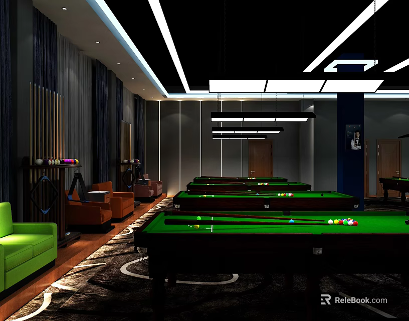 Modern Billiard Room with Green Pool Tables Comfortable Sofas and Stylish Lighting 3d model 