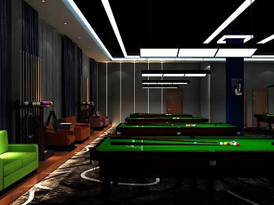 Modern Billiard Room with Green Pool Tables Comfortable Sofas and Stylish Lighting 3d model