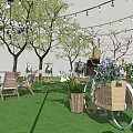 Outdoor Decorative String Lights Hanging Over Lawn With Trees Tables And Chairs