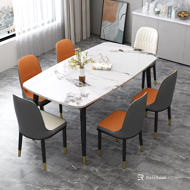 Modern Rectangular Dining Table Set With Marble Top And Orange Gray Chairs 3d model