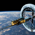 Circular Space Station With Solar Panels Orbiting Earth In Cloudy Sky