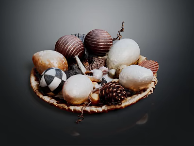 Decorative Ornament Set With Various Textured Spheres Pinecones And Seashells In Wooden Tray 3d model