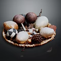 Decorative Ornament Set With Various Textured Spheres Pinecones And Seashells In Wooden Tray