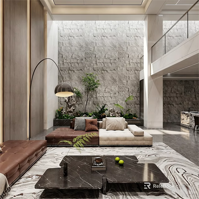 Modern Open Living Room Interior With Stone Wall Sofa Floor Lamp Plants And Rug 3d model 