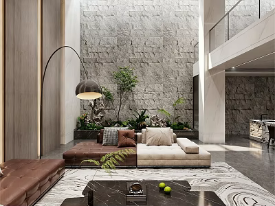 Modern Open Living Room Interior With Stone Wall Sofa Floor Lamp Plants And Rug 3d model