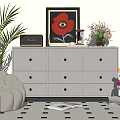 Modern Entryway Cabinet Console Table With Palm Plant Artwork Pouf And Decorative Items