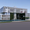 Modern Sales Office Building With Glass Curtain Wall Green Roof And Landscaped Water Feature Garden
