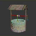 Ancient Stone Well Structure With Wooden Roof And Rope Frame