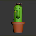 Cartoon Style Green Cactus Plant With Orange Pot Red Flower And Smiling Face
