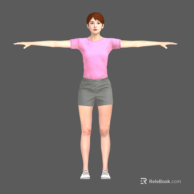 Woman in Pink T-shirt and Gray Shorts with Arms Outstretched Against Gray Background 3d model