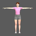 Woman in Pink T-shirt and Gray Shorts with Arms Outstretched Against Gray Background 3d model
