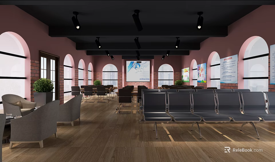 Modern Conference Room With Pink Walls Arch Windows Green Plants And Projector 3d model 