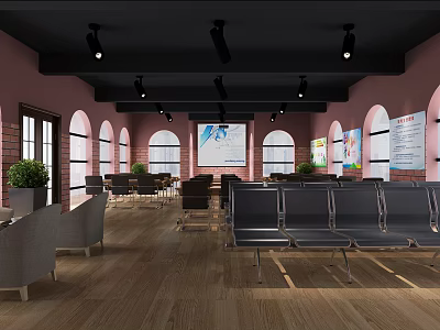 Modern Conference Room With Pink Walls Arch Windows Green Plants And Projector 3d model