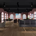Modern Conference Room With Pink Walls Arch Windows Green Plants And Projector