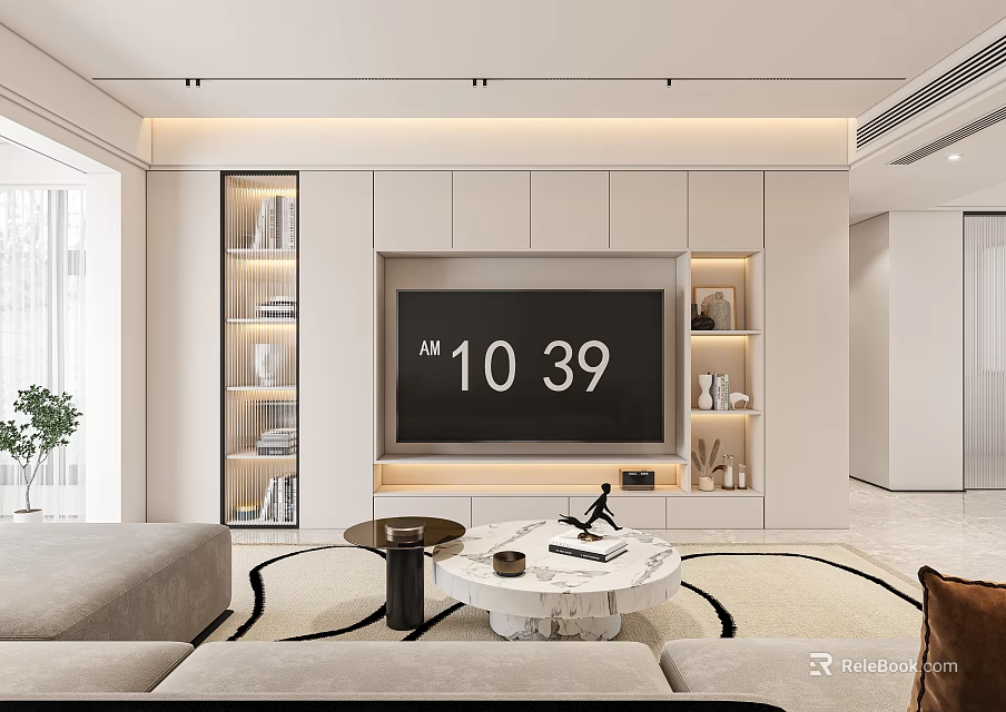 Modern Living Room Interior With TV Wall Sofa Coffee Table And Decorative Shelves 3d model 