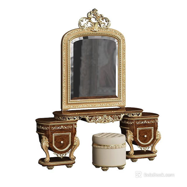 Ornate Dressing Table With Golden Trim Mirror Carved Details And Upholstered Stool 3d model 