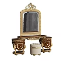 Ornate Dressing Table With Golden Trim Mirror Carved Details And Upholstered Stool
