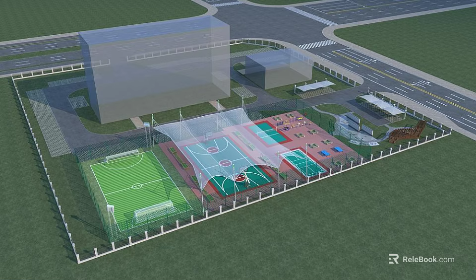 Outdoor Sports Facilities With Football Field Basketball Courts And Surrounding Fence 3d model 