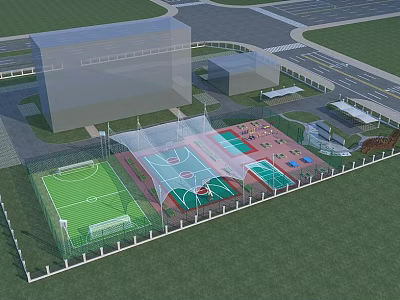 Outdoor Sports Facilities With Football Field Basketball Courts And Surrounding Fence 3d model
