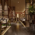 Elegant Modern Restaurant Interior With Wooden Screen Pendant Lights And Green Plants