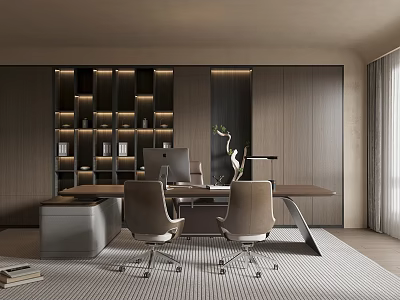 Modern Office Interior Design With Spacious Desk Comfortable Chairs Lit Bookshelves And Green Plants 3d model