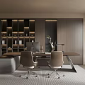 Modern Office Interior Design With Spacious Desk Comfortable Chairs Lit Bookshelves And Green Plants