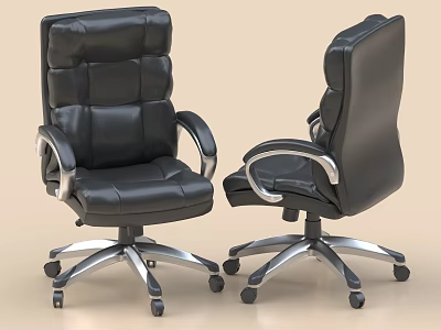 Black Leather High Back Office Chair With Silver Armrests Five Pointed Base And Wheels 3d model